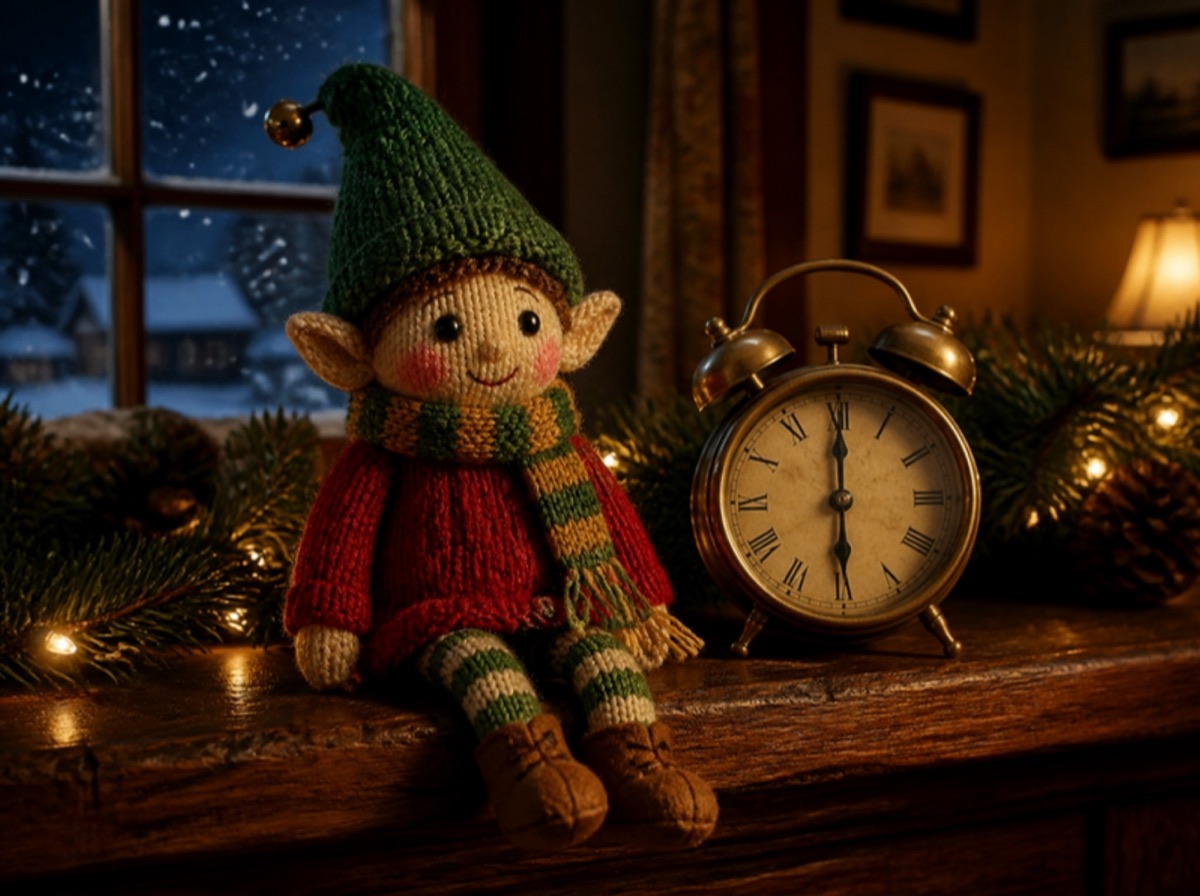 A knitted elf with a green bobble hat sits on a mantelpiece next to a clock showing six o'clock