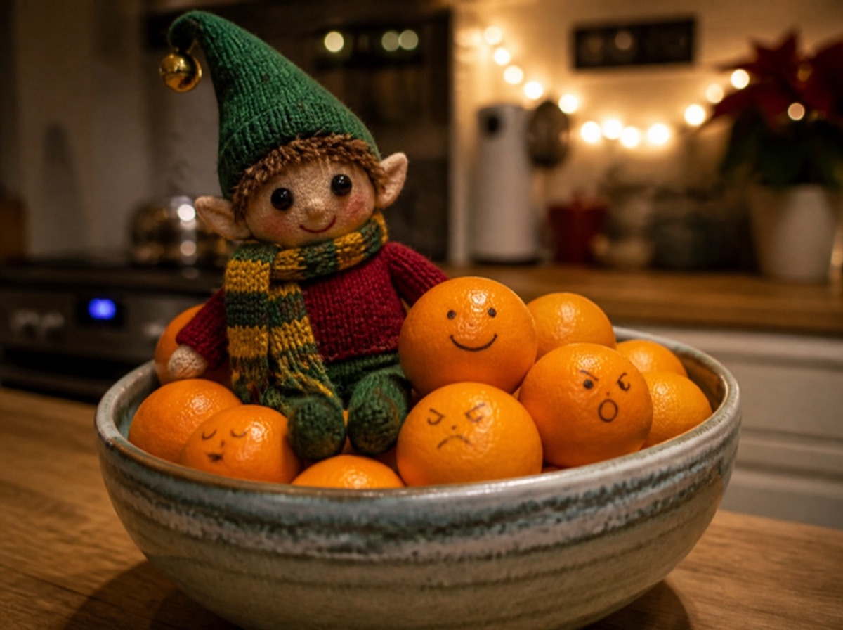 A knitted elf in a fruit bowl of satsumas with happy, grumpy, sleepy and surprised felt-tip faces